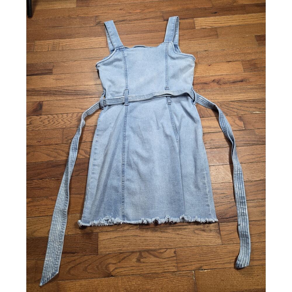 By Rewash Denim Mini Dress Womens M Blue Button Front Tie Waist Frayed Hem Y2K - Picture 4 of 7